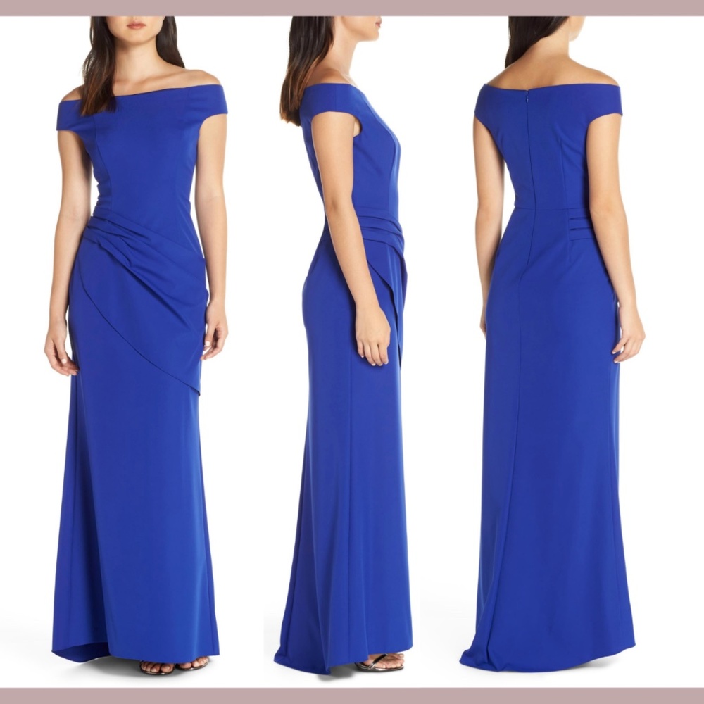 NEW‎ ELIZA J [SZ 12 ] Draped Off The Shoulder Gown In Cobalt